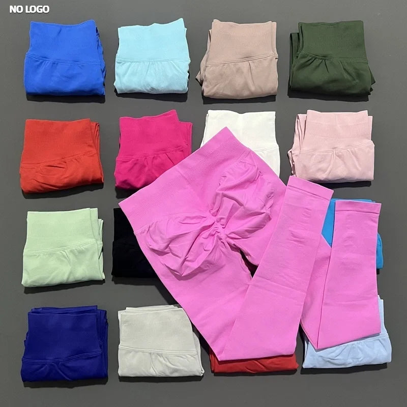 No Logo Women Sports Leggings Low Ribbed Band Butt Lifting Yoga Pants Seamless Tummy Control Fitness Workout Sports Leggings