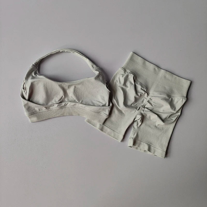 Sexy Halter Neck Beautiful Back High Waist Peach Sports Bras Shorts Suit Pilates Gathering Yoga Vest Training Fitness Bra Sets