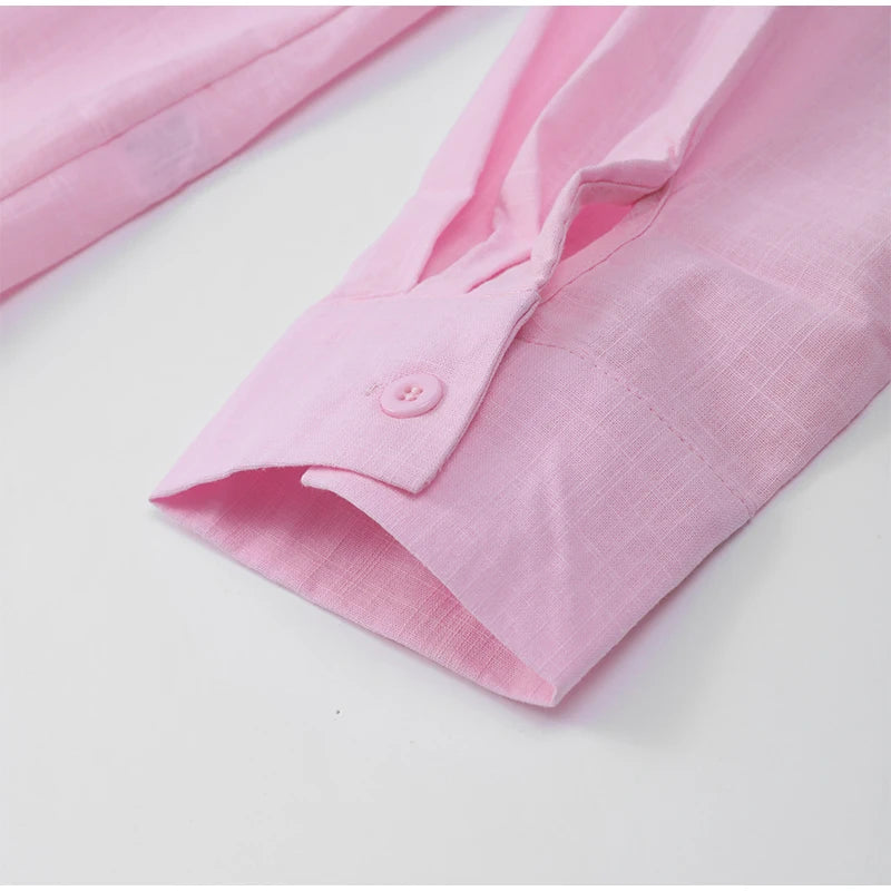 Women Casual Brown Cotton Linen Shirt Pants Suit Fashion Single Breasted Blouses Elastic Waist Pant Set 2025 Spring Loose Outfit