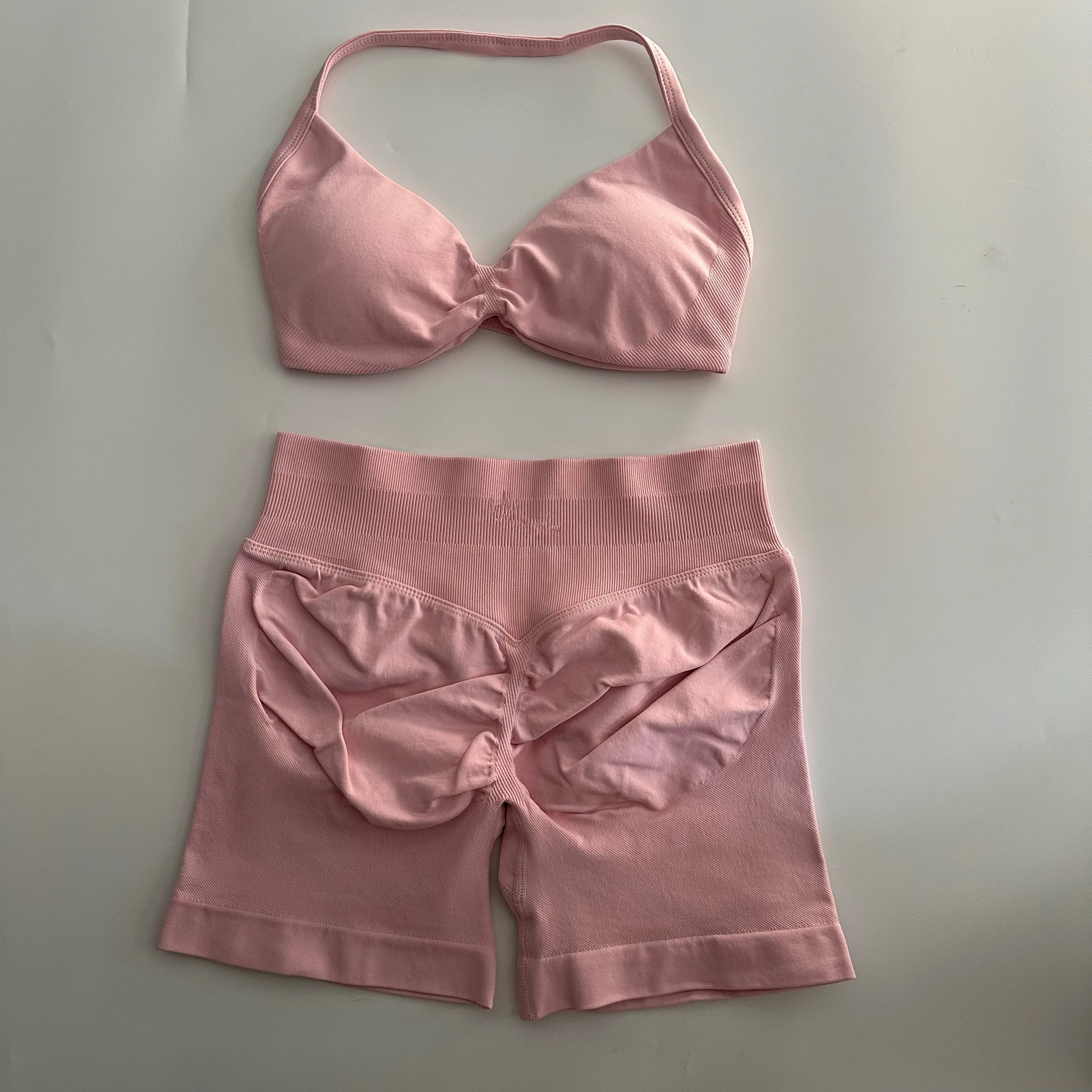 No Logo Yoga Gym Set Women Seamless Strappy Yoga Bra Top High Waist Workout Scrunch Shorts Sports Set Fitness Clothes Sportswear