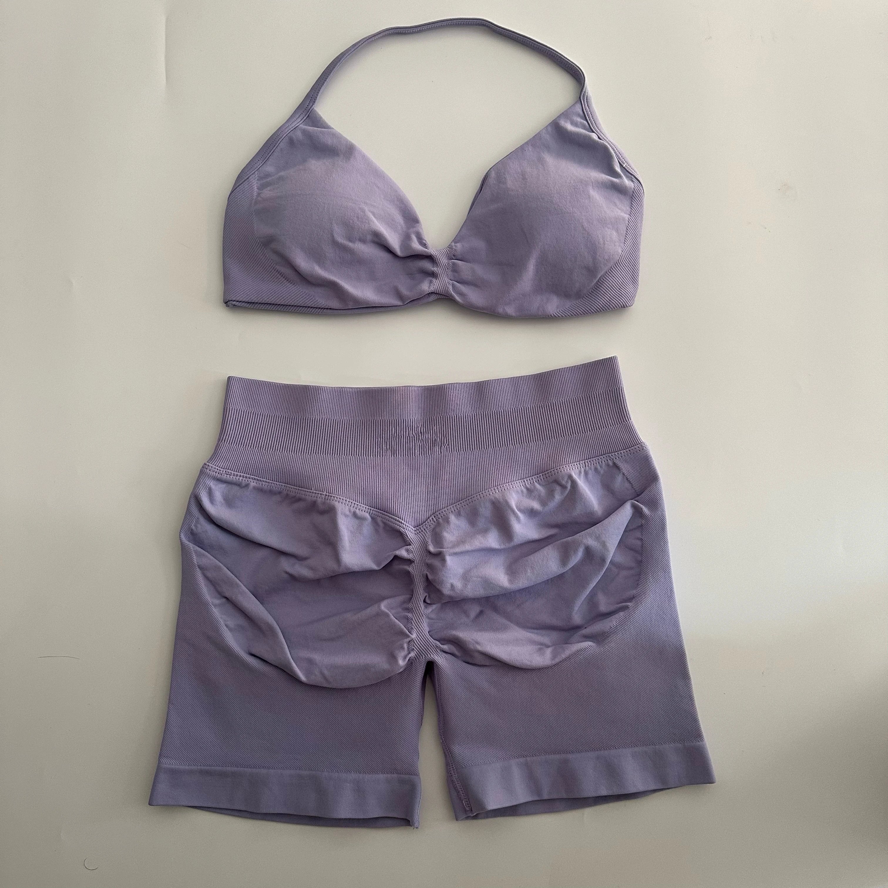 No Logo Yoga Gym Set Women Seamless Strappy Yoga Bra Top High Waist Workout Scrunch Shorts Sports Set Fitness Clothes Sportswear