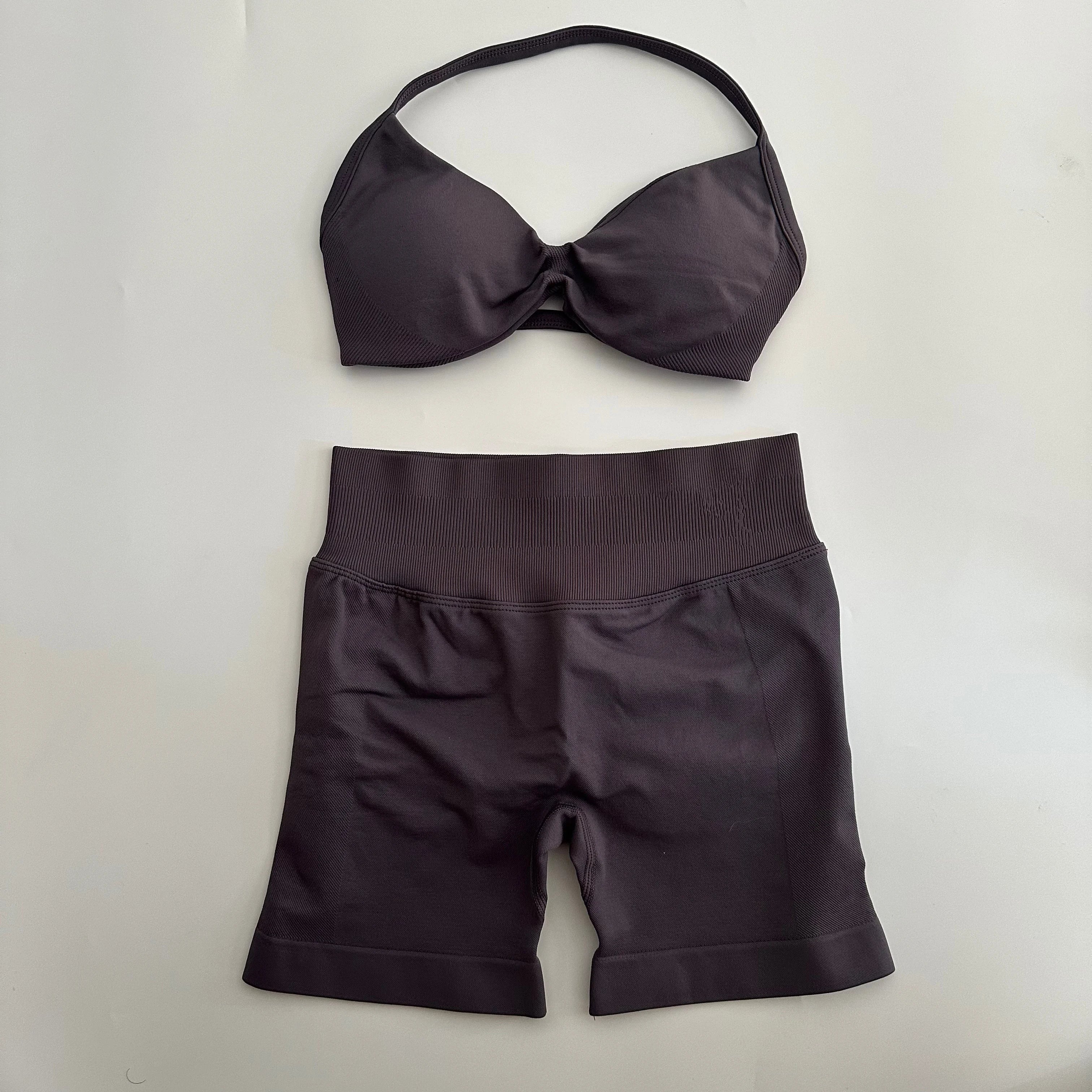 No Logo Yoga Gym Set Women Seamless Strappy Yoga Bra Top High Waist Workout Scrunch Shorts Sports Set Fitness Clothes Sportswear