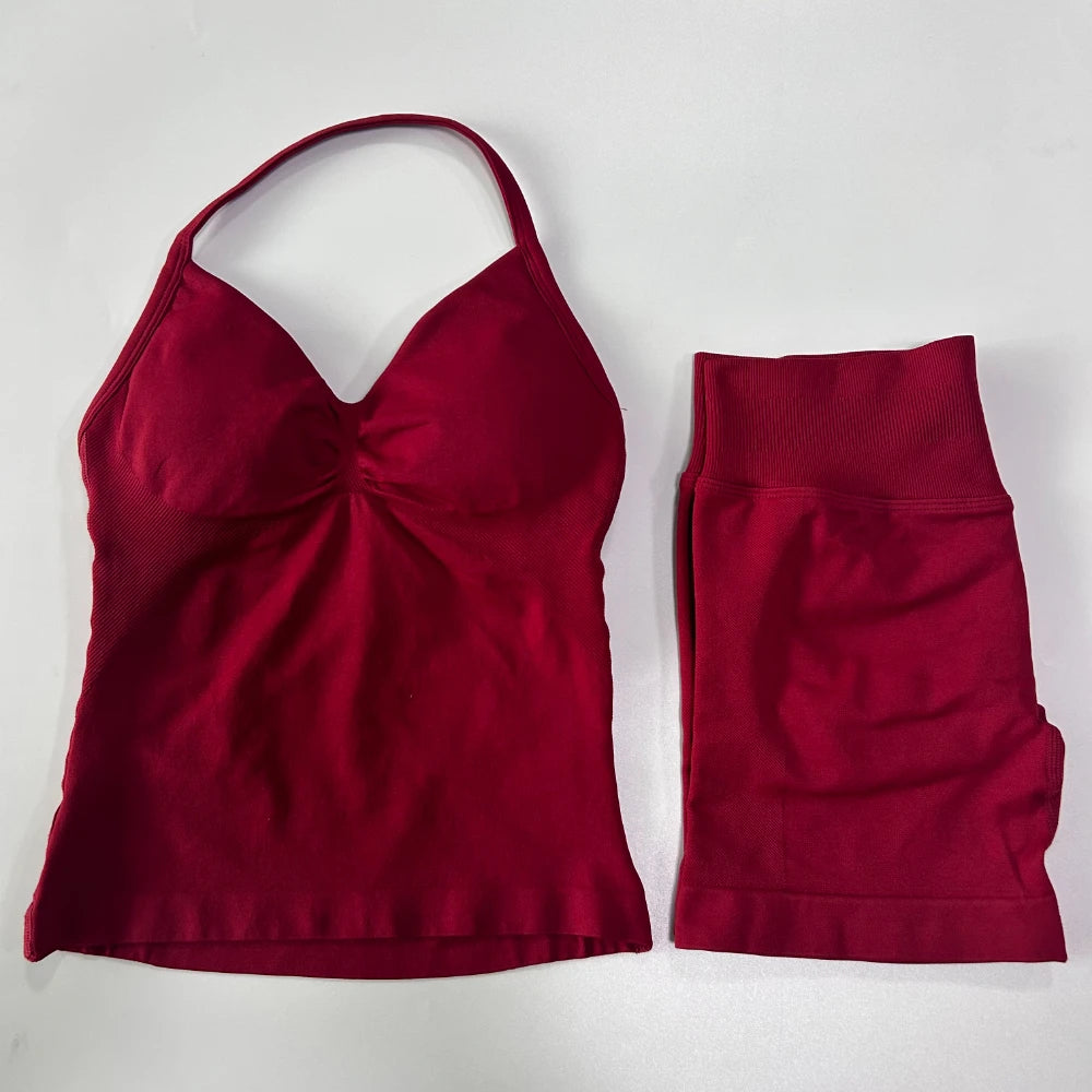 No Logo 2Pcs Gym Set Women Backless Tank Tops High Waist Scrunch Seamless Shorts Gym Suit Fitness Clothes Activewear Workout Set