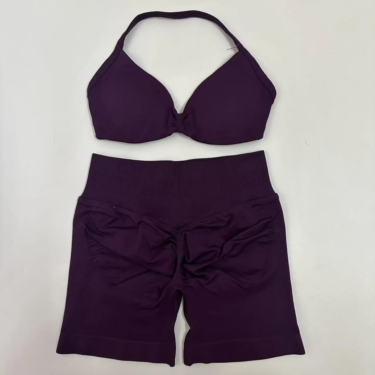 No Logo Yoga Gym Set Women Seamless Strappy Yoga Bra Top High Waist Workout Scrunch Shorts Sports Set Fitness Clothes Sportswear