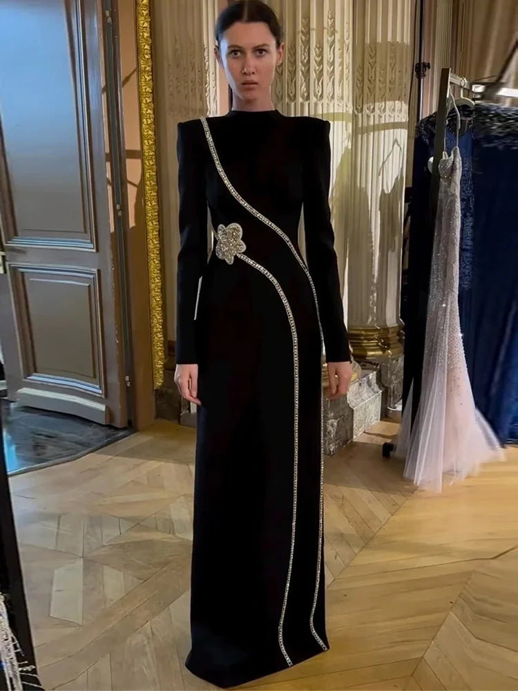 HIGH STREET Newest Fashion 2025 Designer Party Vestido Women's Formal Long Sleeve Diamonds Beading Long Maxi Dress
