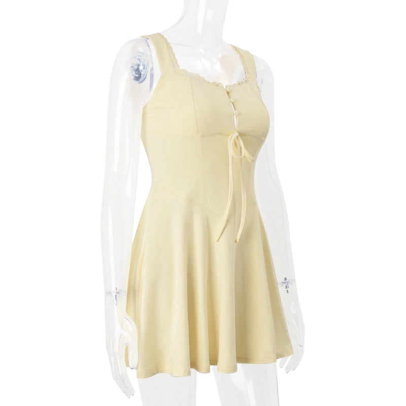 Candyhot Sexy Square Collar Lace Up Solid Color A-LINE Elegant French Strap Mini Dress Y2K Summer Fashion Party Women Vestidos