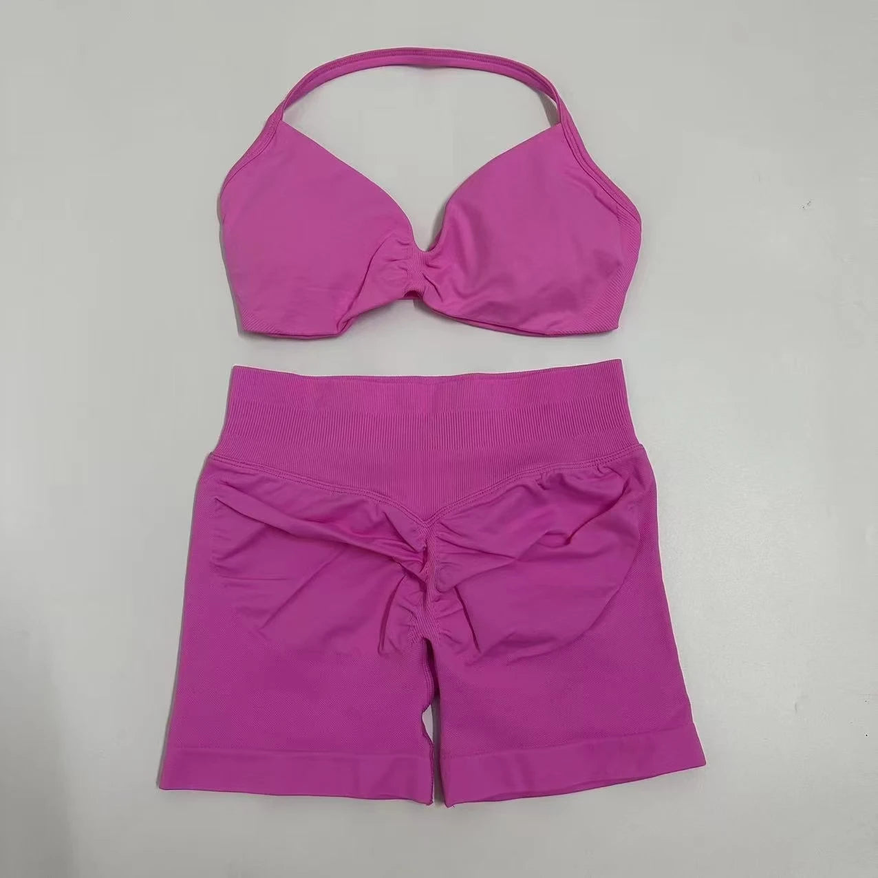 No Logo Yoga Gym Set Women Seamless Strappy Yoga Bra Top High Waist Workout Scrunch Shorts Sports Set Fitness Clothes Sportswear