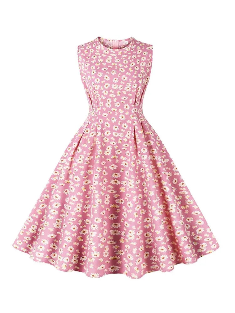 Floral Print Summer Dress Women Elegant Retro Sleeveless Vacation Beach Dress 50S Party Vestidos