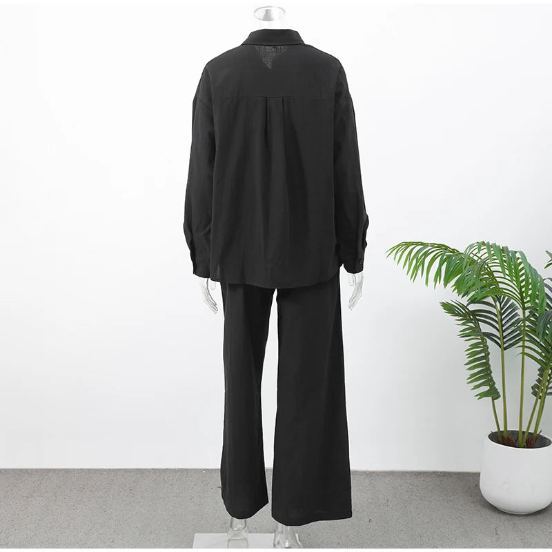 Women Casual Brown Cotton Linen Shirt Pants Suit Fashion Single Breasted Blouses Elastic Waist Pant Set 2025 Spring Loose Outfit