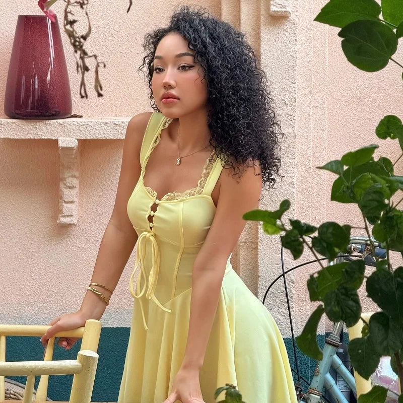 Candyhot Sexy Square Collar Lace Up Solid Color A-LINE Elegant French Strap Mini Dress Y2K Summer Fashion Party Women Vestidos