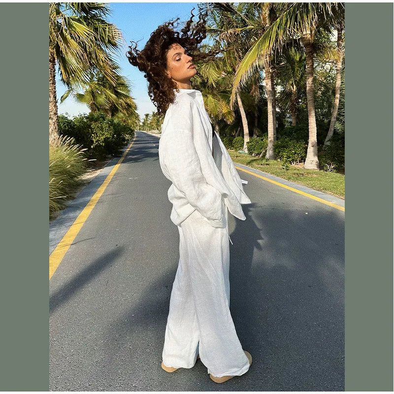 Women Casual Brown Cotton Linen Shirt Pants Suit Fashion Single Breasted Blouses Elastic Waist Pant Set 2025 Spring Loose Outfit