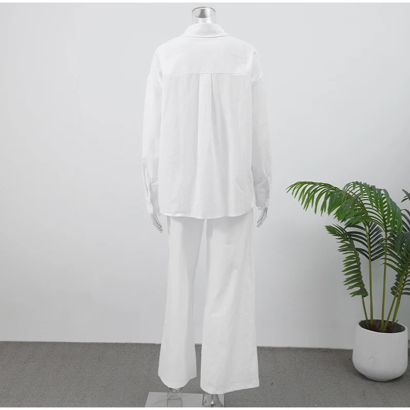 Women Casual Brown Cotton Linen Shirt Pants Suit Fashion Single Breasted Blouses Elastic Waist Pant Set 2025 Spring Loose Outfit