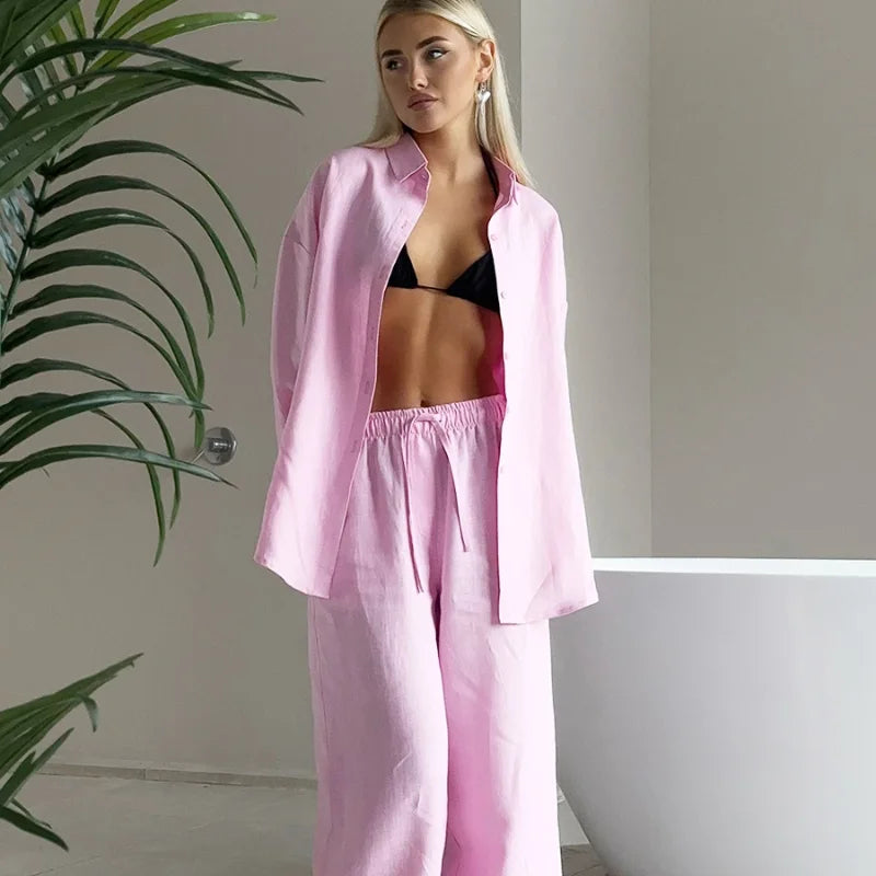 Women Casual Brown Cotton Linen Shirt Pants Suit Fashion Single Breasted Blouses Elastic Waist Pant Set 2025 Spring Loose Outfit