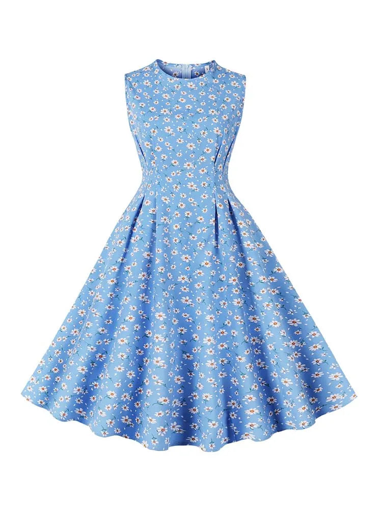 Floral Print Summer Dress Women Elegant Retro Sleeveless Vacation Beach Dress 50S Party Vestidos
