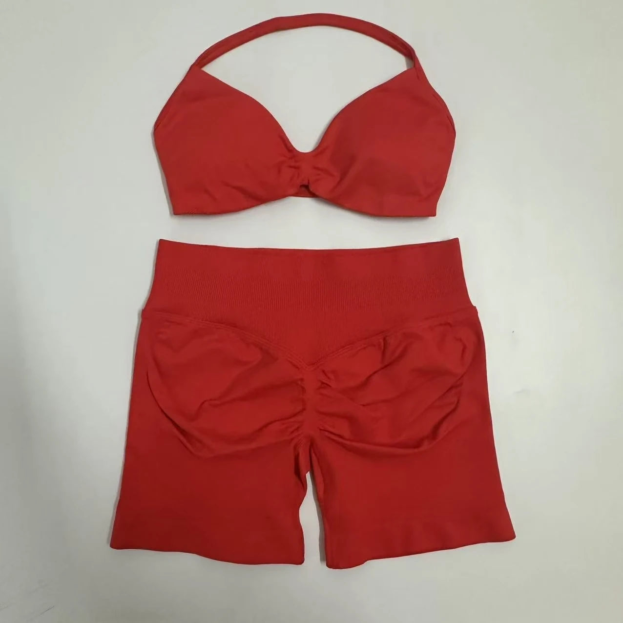 No Logo Yoga Gym Set Women Seamless Strappy Yoga Bra Top High Waist Workout Scrunch Shorts Sports Set Fitness Clothes Sportswear