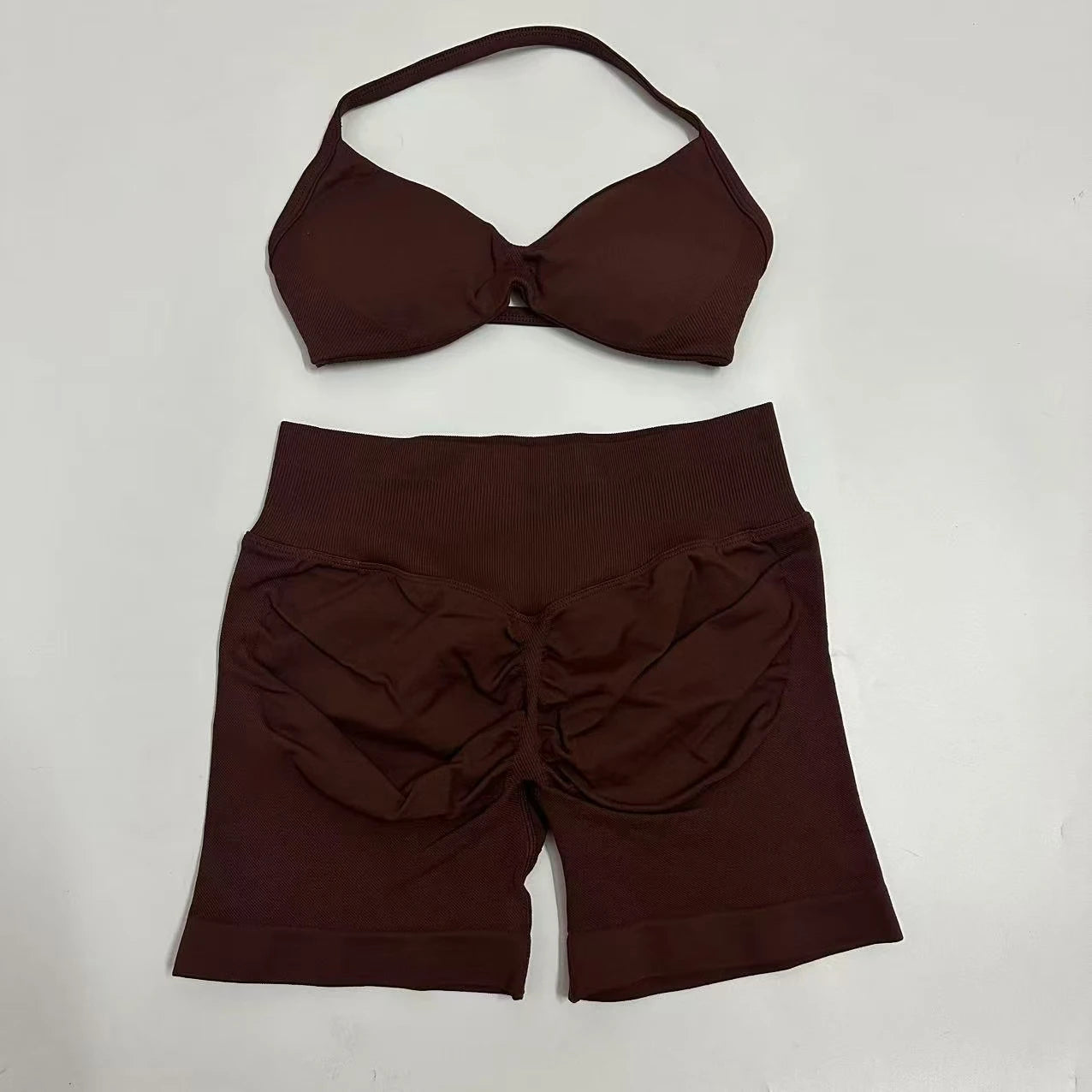 No Logo Yoga Gym Set Women Seamless Strappy Yoga Bra Top High Waist Workout Scrunch Shorts Sports Set Fitness Clothes Sportswear