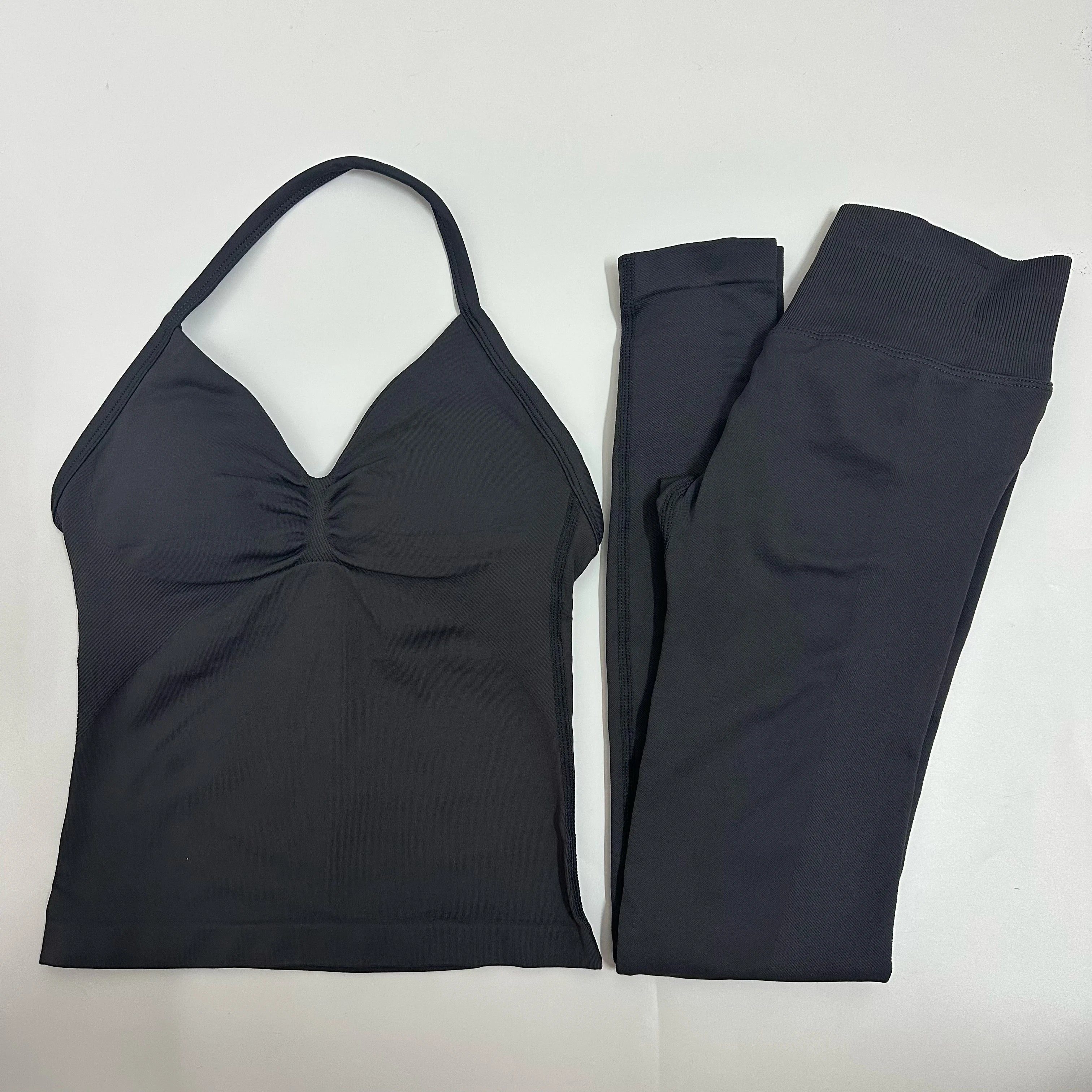 No Logo 2 Pieces Set Yoga Leggings Set Women Backless Tank Tops High Waist Scrunch Gym Suit Fitness Clothes Outfit Yoga Set