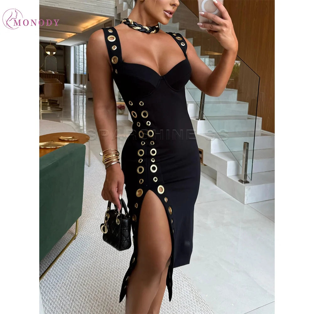 Elegant V-neck Dress Summer Sexy Straps Sleeveless Split Bodycon Dress Fashion Party Club Dresses for Women