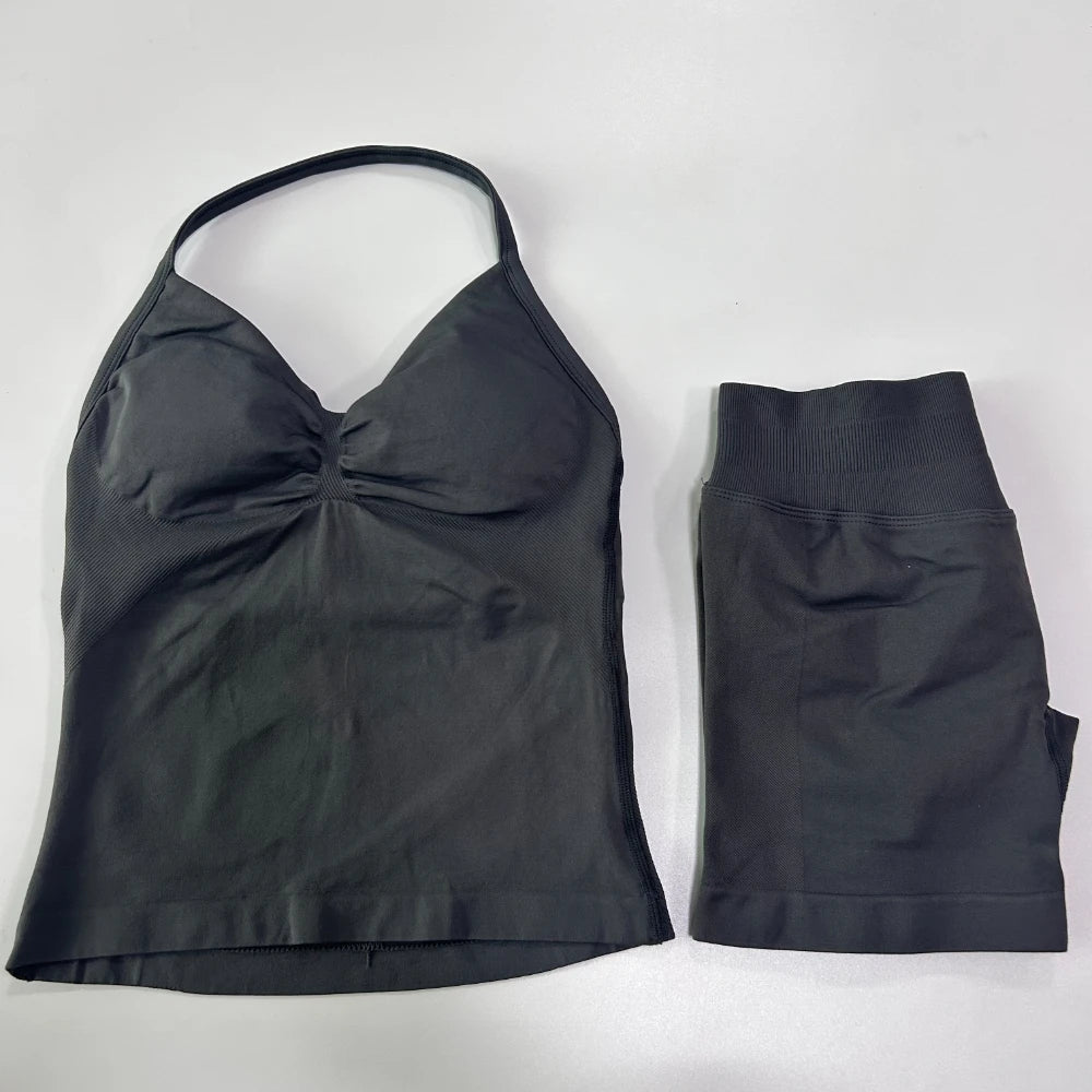 No Logo 2Pcs Gym Set Women Backless Tank Tops High Waist Scrunch Seamless Shorts Gym Suit Fitness Clothes Activewear Workout Set