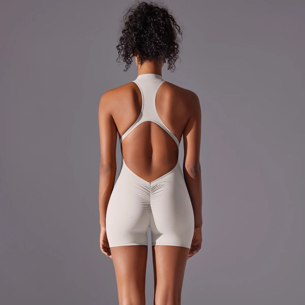 Half Zipper Women Bodysuits Gym Push Up Workout Clothes Backless Scrunch Fitness Sports Yoga Bodysuit Sleeveles Fitness Jumpsuit