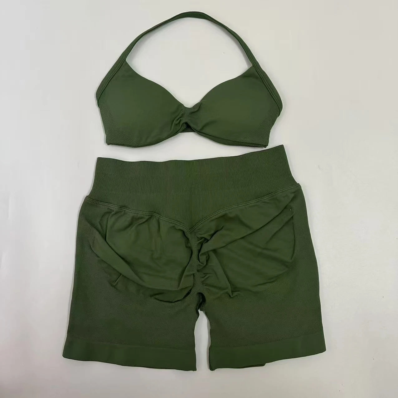 No Logo Yoga Gym Set Women Seamless Strappy Yoga Bra Top High Waist Workout Scrunch Shorts Sports Set Fitness Clothes Sportswear