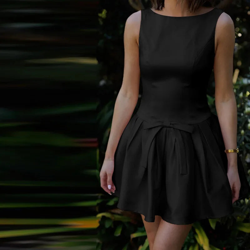 Tuularose Bow Sleeveless Dress Women Summer Pink Backless Sexy Slim Pleated Short Dress Elegant Party Evening Dress Vestidos Y2k