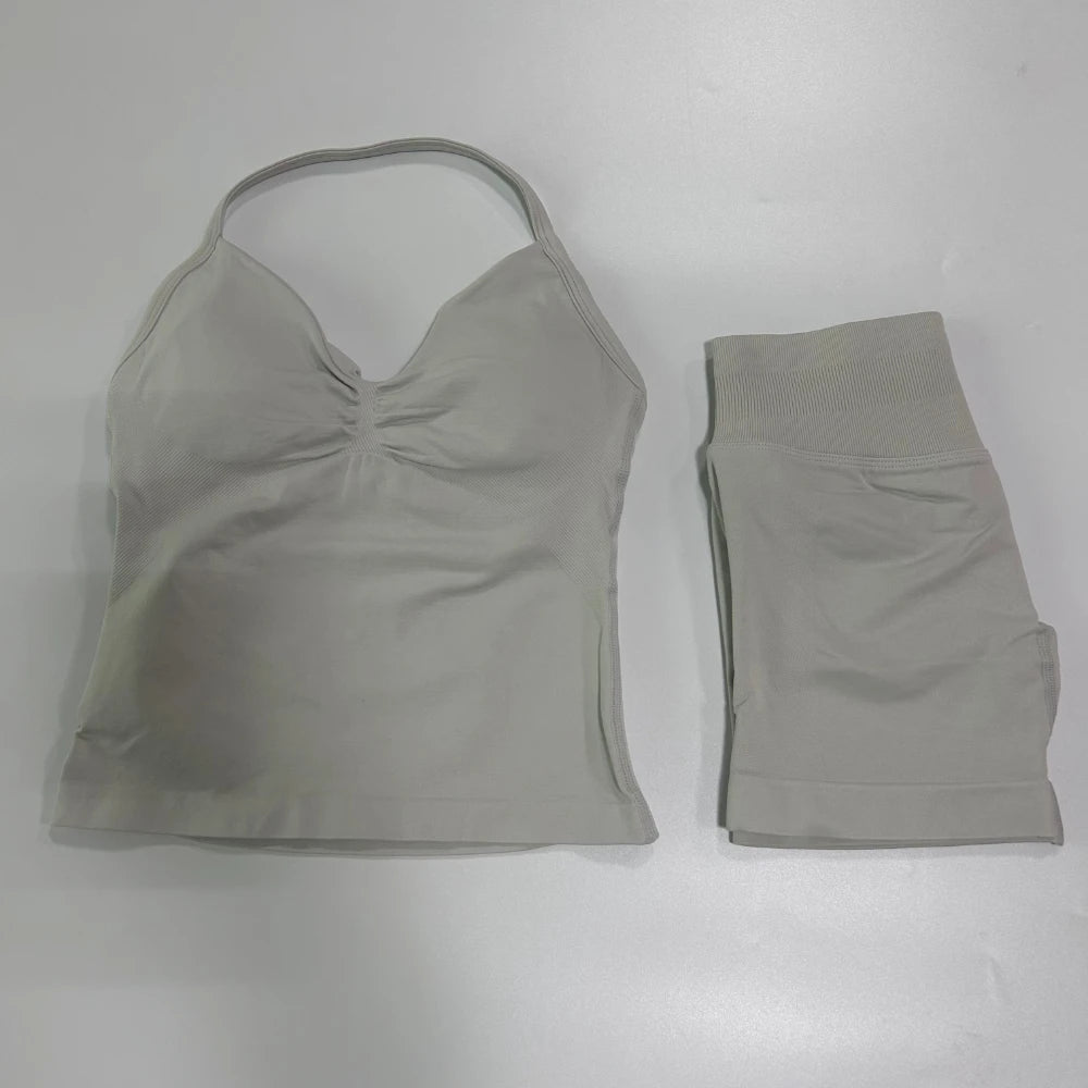 No Logo 2Pcs Gym Set Women Backless Tank Tops High Waist Scrunch Seamless Shorts Gym Suit Fitness Clothes Activewear Workout Set