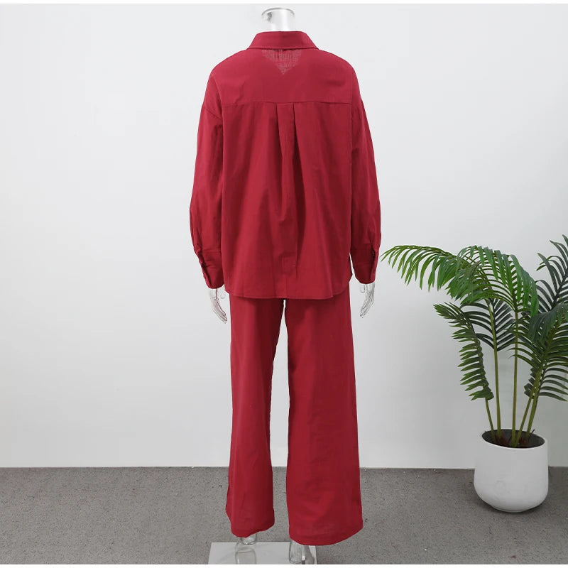 Women Casual Brown Cotton Linen Shirt Pants Suit Fashion Single Breasted Blouses Elastic Waist Pant Set 2025 Spring Loose Outfit