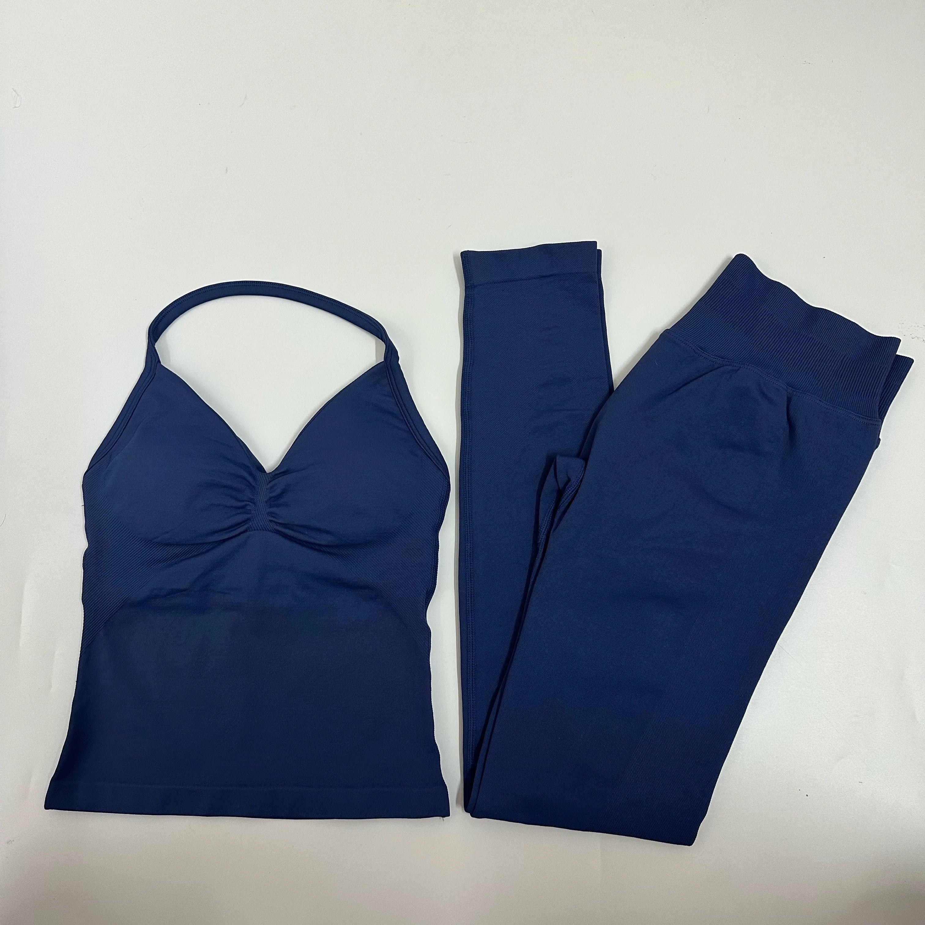 No Logo 2 Pieces Set Yoga Leggings Set Women Backless Tank Tops High Waist Scrunch Gym Suit Fitness Clothes Outfit Yoga Set