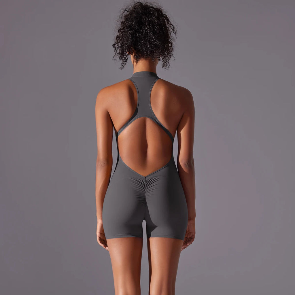 Half Zipper Women Bodysuits Gym Push Up Workout Clothes Backless Scrunch Fitness Sports Yoga Bodysuit Sleeveles Fitness Jumpsuit