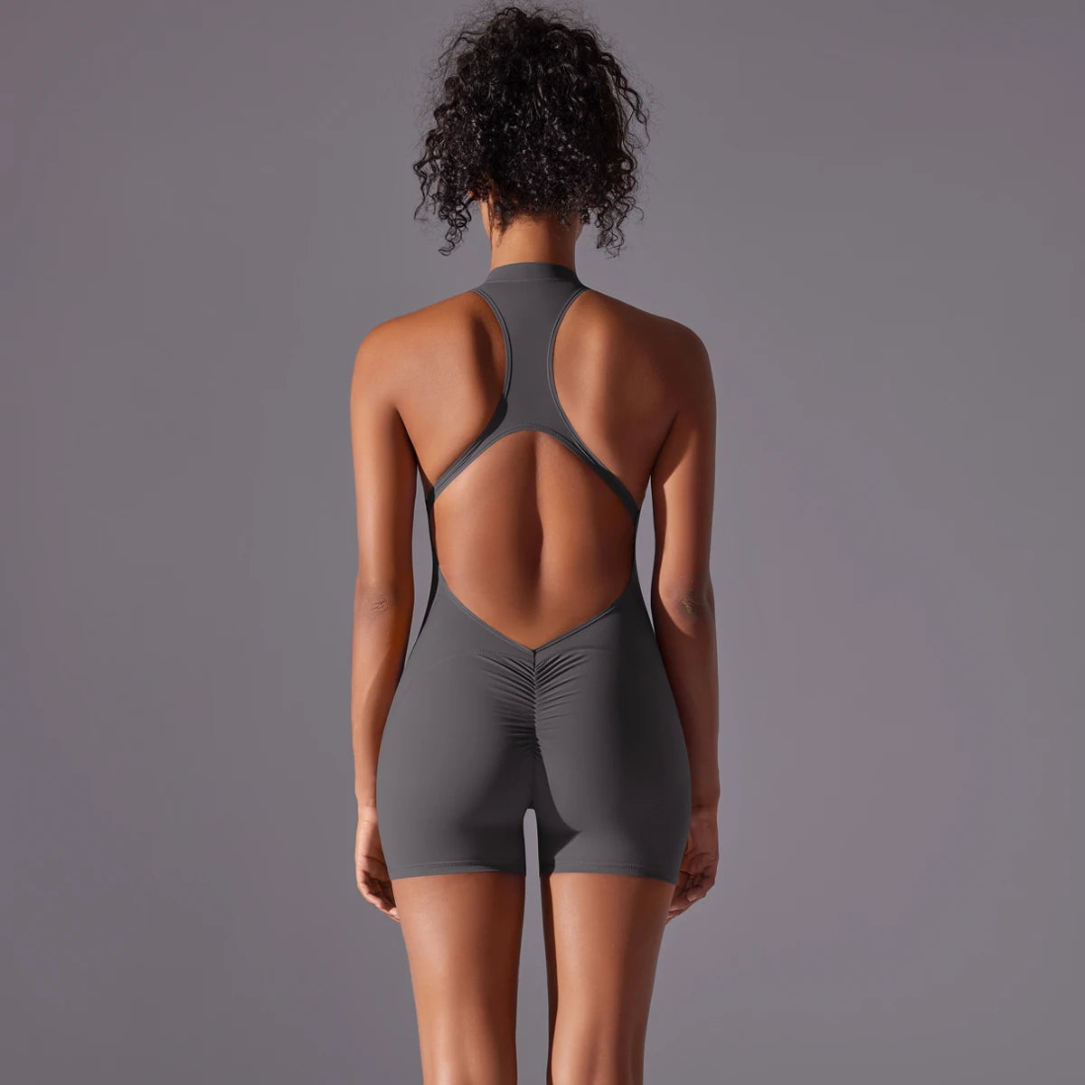 Half Zipper Women Bodysuits Gym Push Up Workout Clothes Backless Scrunch Fitness Sports Yoga Bodysuit Sleeveles Fitness Jumpsuit