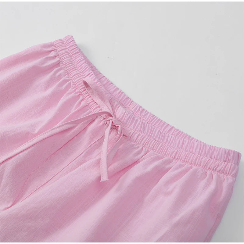 Women Casual Brown Cotton Linen Shirt Pants Suit Fashion Single Breasted Blouses Elastic Waist Pant Set 2025 Spring Loose Outfit