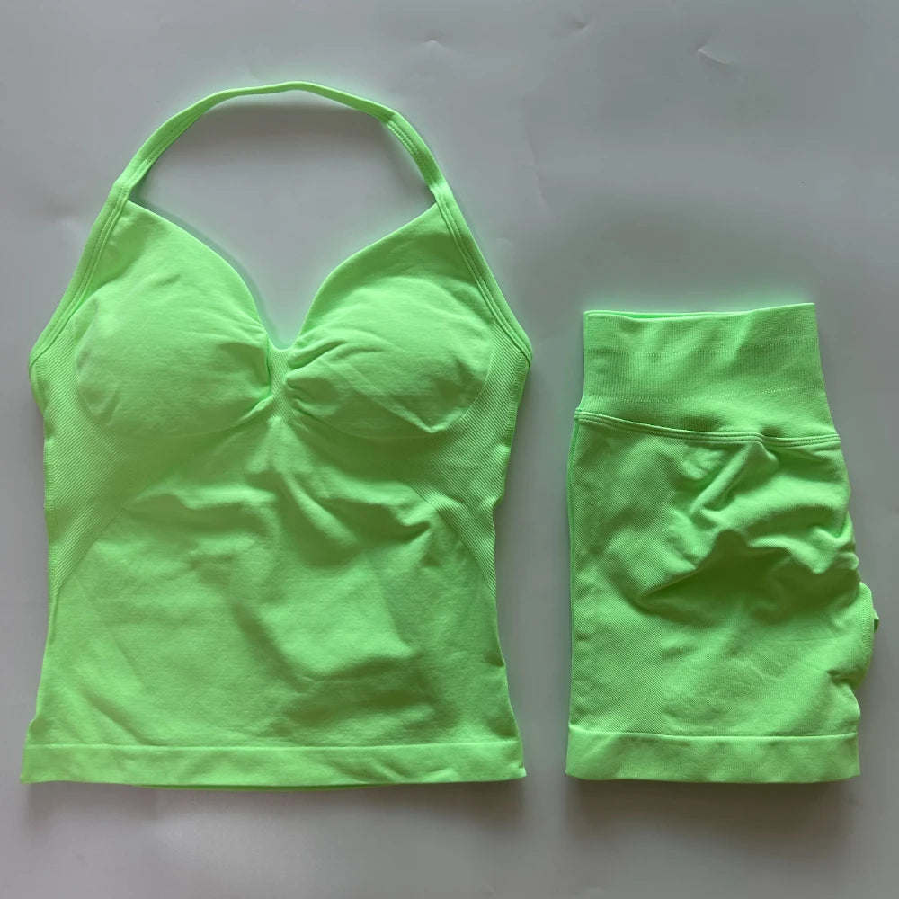 No Logo 2Pcs Gym Set Women Backless Tank Tops High Waist Scrunch Seamless Shorts Gym Suit Fitness Clothes Activewear Workout Set