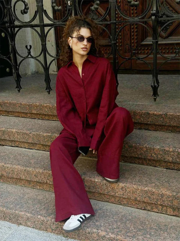Women Casual Brown Cotton Linen Shirt Pants Suit Fashion Single Breasted Blouses Elastic Waist Pant Set 2025 Spring Loose Outfit