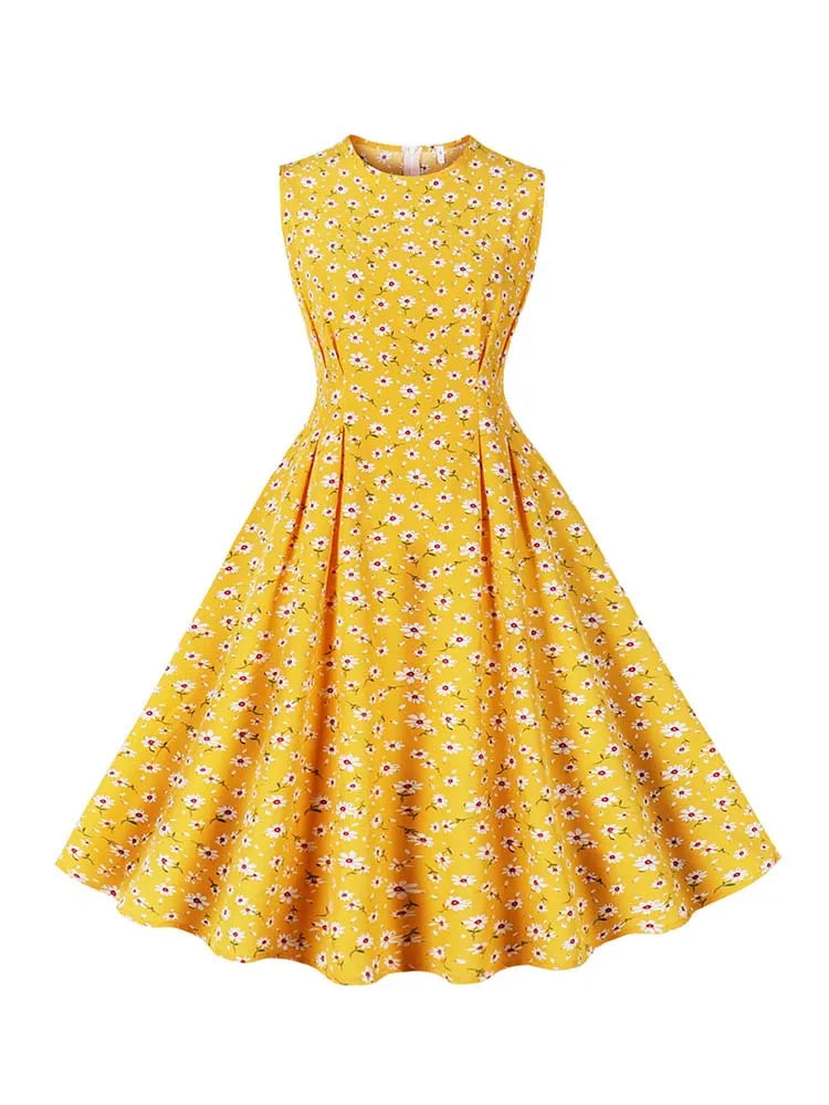 Floral Print Summer Dress Women Elegant Retro Sleeveless Vacation Beach Dress 50S Party Vestidos