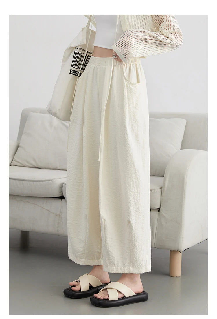CHIC VEN Women White Pants Solid Casual Elastic Waist High Waisted Pleated Wide Leg Female Trousers  Fold Summer 2025 Clothing