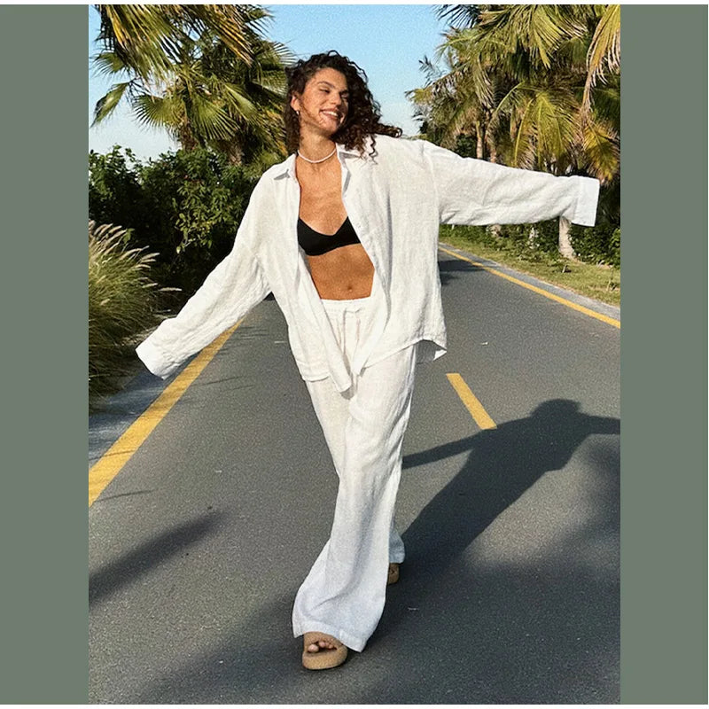 Women Casual Brown Cotton Linen Shirt Pants Suit Fashion Single Breasted Blouses Elastic Waist Pant Set 2025 Spring Loose Outfit