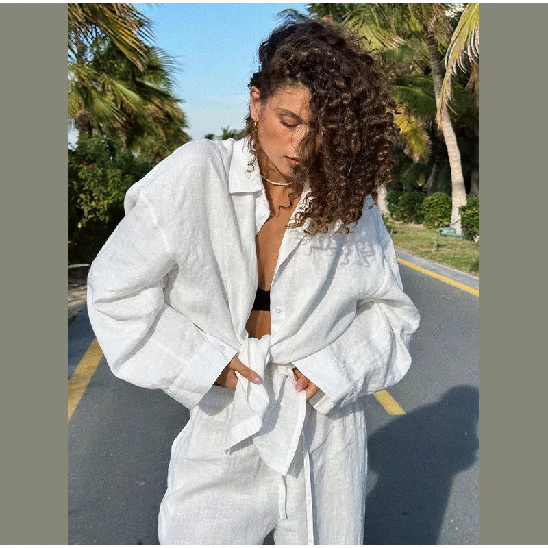 Women Casual Brown Cotton Linen Shirt Pants Suit Fashion Single Breasted Blouses Elastic Waist Pant Set 2025 Spring Loose Outfit