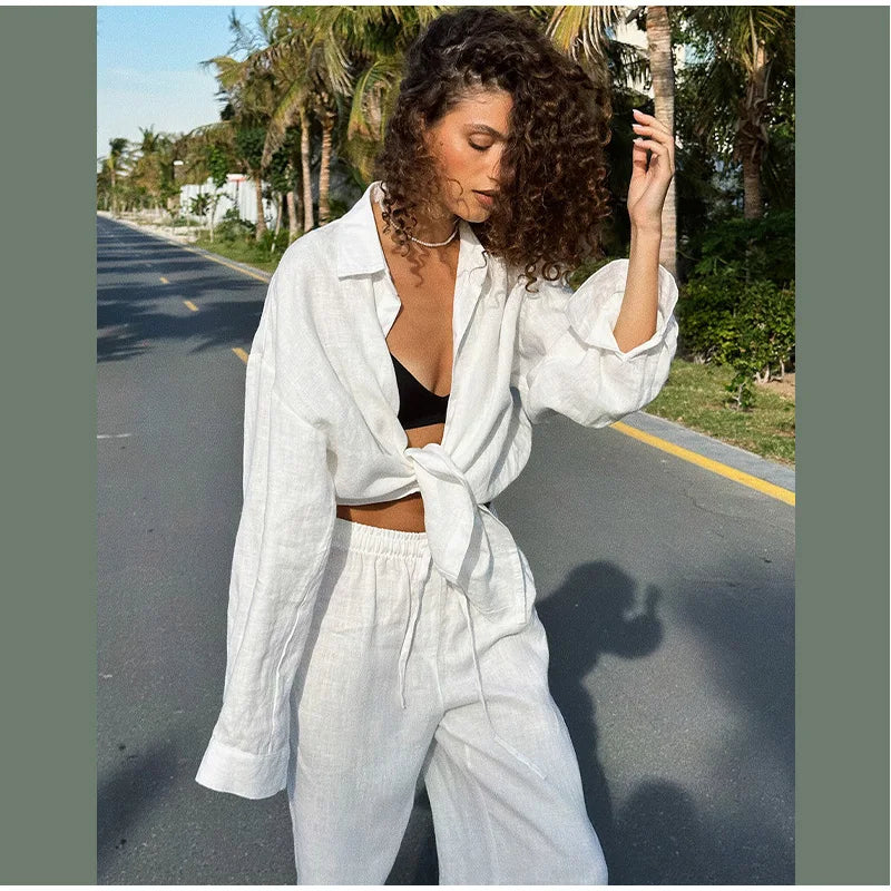 Women Casual Brown Cotton Linen Shirt Pants Suit Fashion Single Breasted Blouses Elastic Waist Pant Set 2025 Spring Loose Outfit