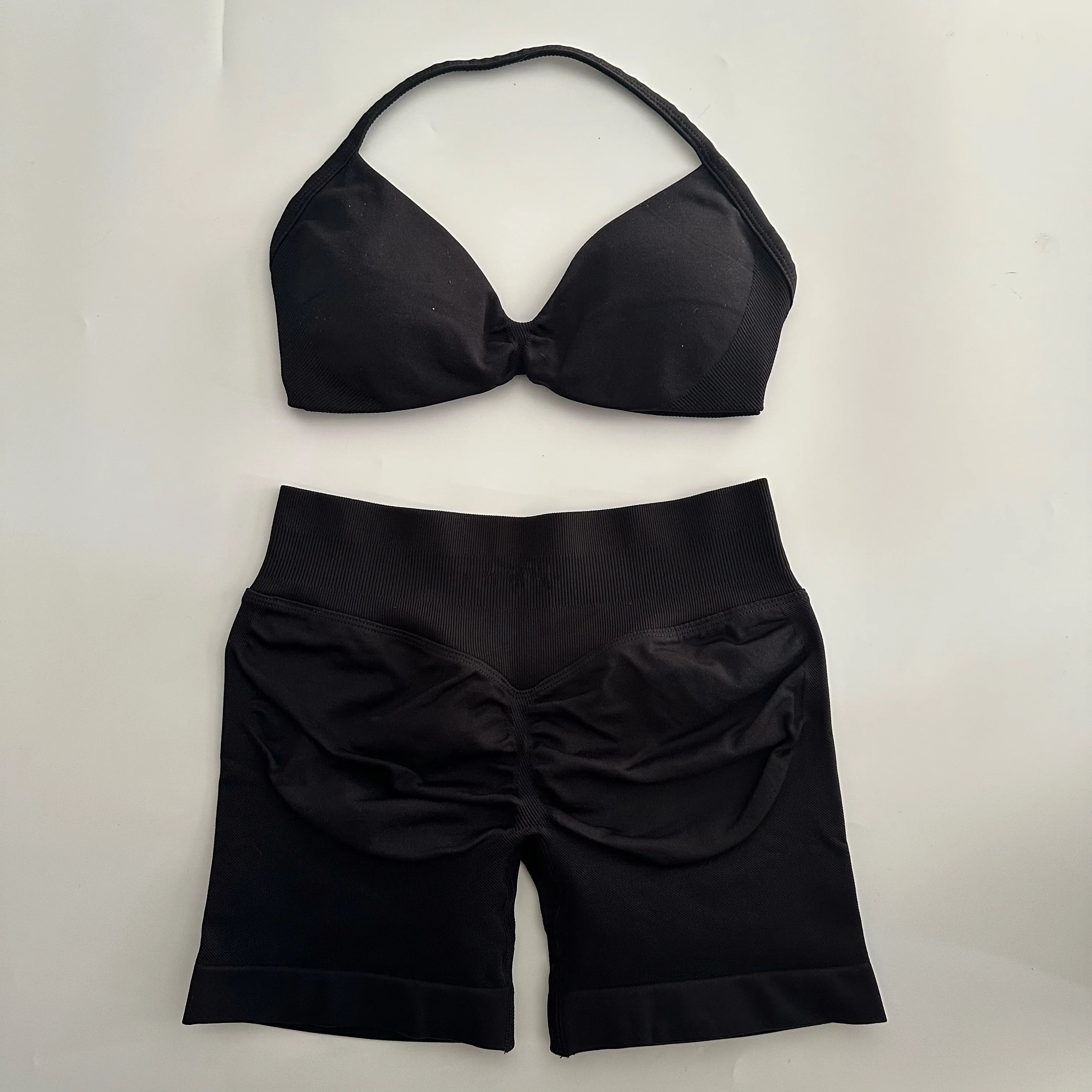 No Logo Yoga Gym Set Women Seamless Strappy Yoga Bra Top High Waist Workout Scrunch Shorts Sports Set Fitness Clothes Sportswear