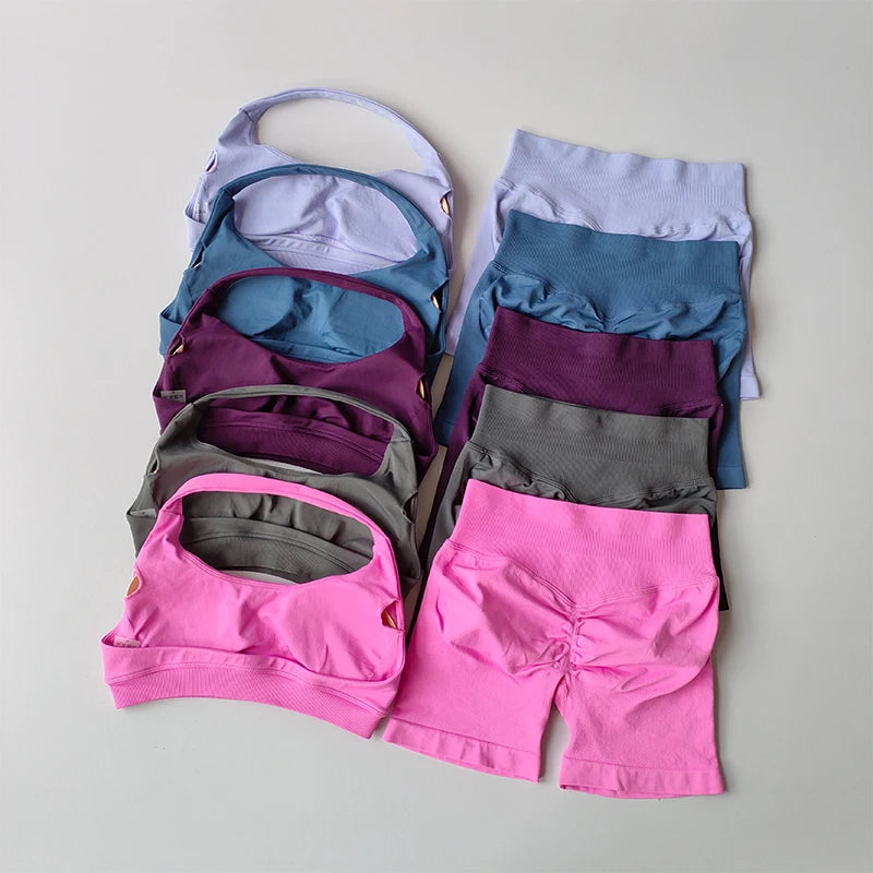 Sexy Halter Neck Beautiful Back High Waist Peach Sports Bras Shorts Suit Pilates Gathering Yoga Vest Training Fitness Bra Sets