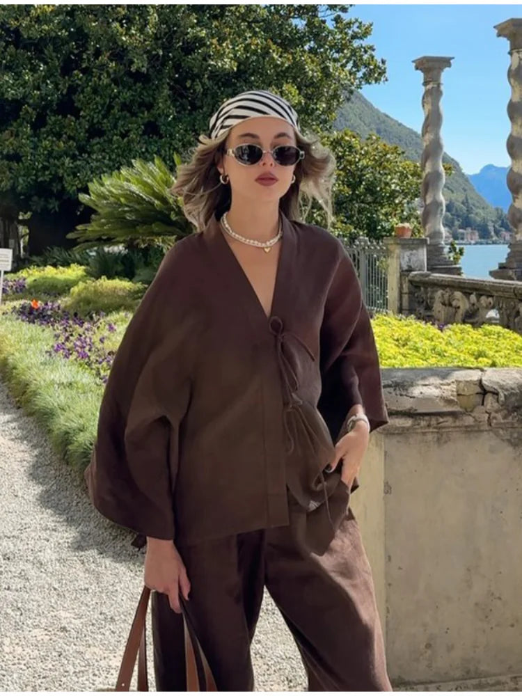 Women Casual Brown Cotton Linen Shirt Pants Suit Fashion Single Breasted Blouses Elastic Waist Pant Set 2025 Spring Loose Outfit
