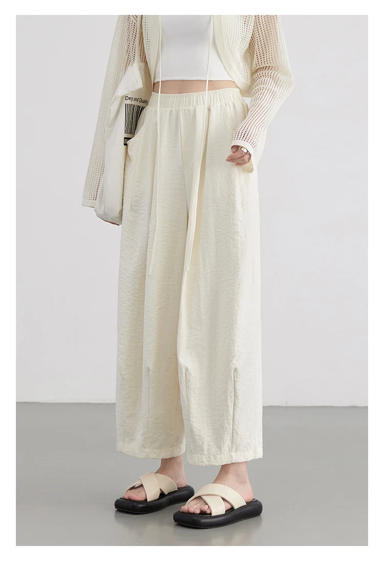 CHIC VEN Women White Pants Solid Casual Elastic Waist High Waisted Pleated Wide Leg Female Trousers  Fold Summer 2025 Clothing