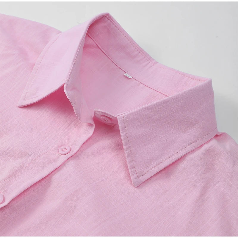 Women Casual Brown Cotton Linen Shirt Pants Suit Fashion Single Breasted Blouses Elastic Waist Pant Set 2025 Spring Loose Outfit