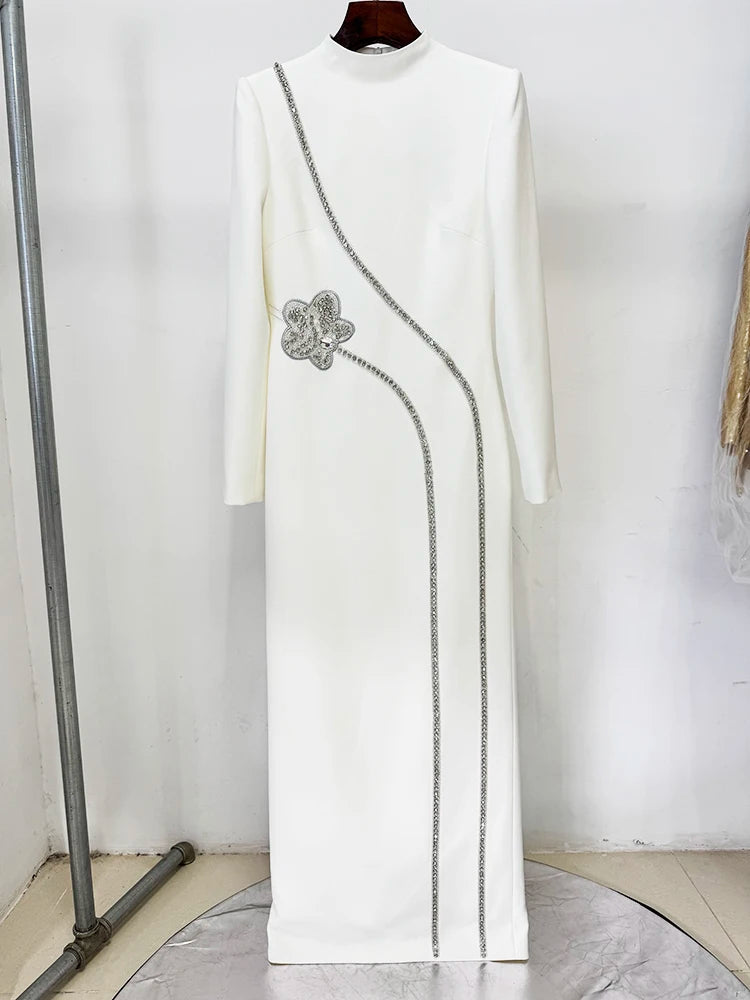 HIGH STREET Newest Fashion 2025 Designer Party Vestido Women's Formal Long Sleeve Diamonds Beading Long Maxi Dress
