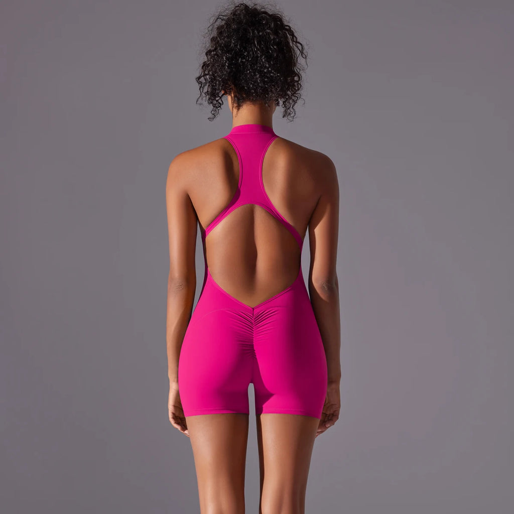Half Zipper Women Bodysuits Gym Push Up Workout Clothes Backless Scrunch Fitness Sports Yoga Bodysuit Sleeveles Fitness Jumpsuit