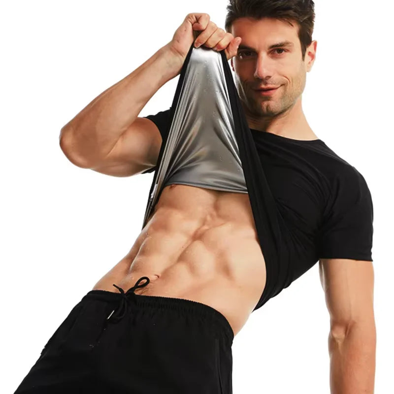 Men Sauna Sweat Short Sleeve Heat Trapping Shirts Sauna Suits Fitness Sweat Waist Slimming Shaper Workout Compression Shirt