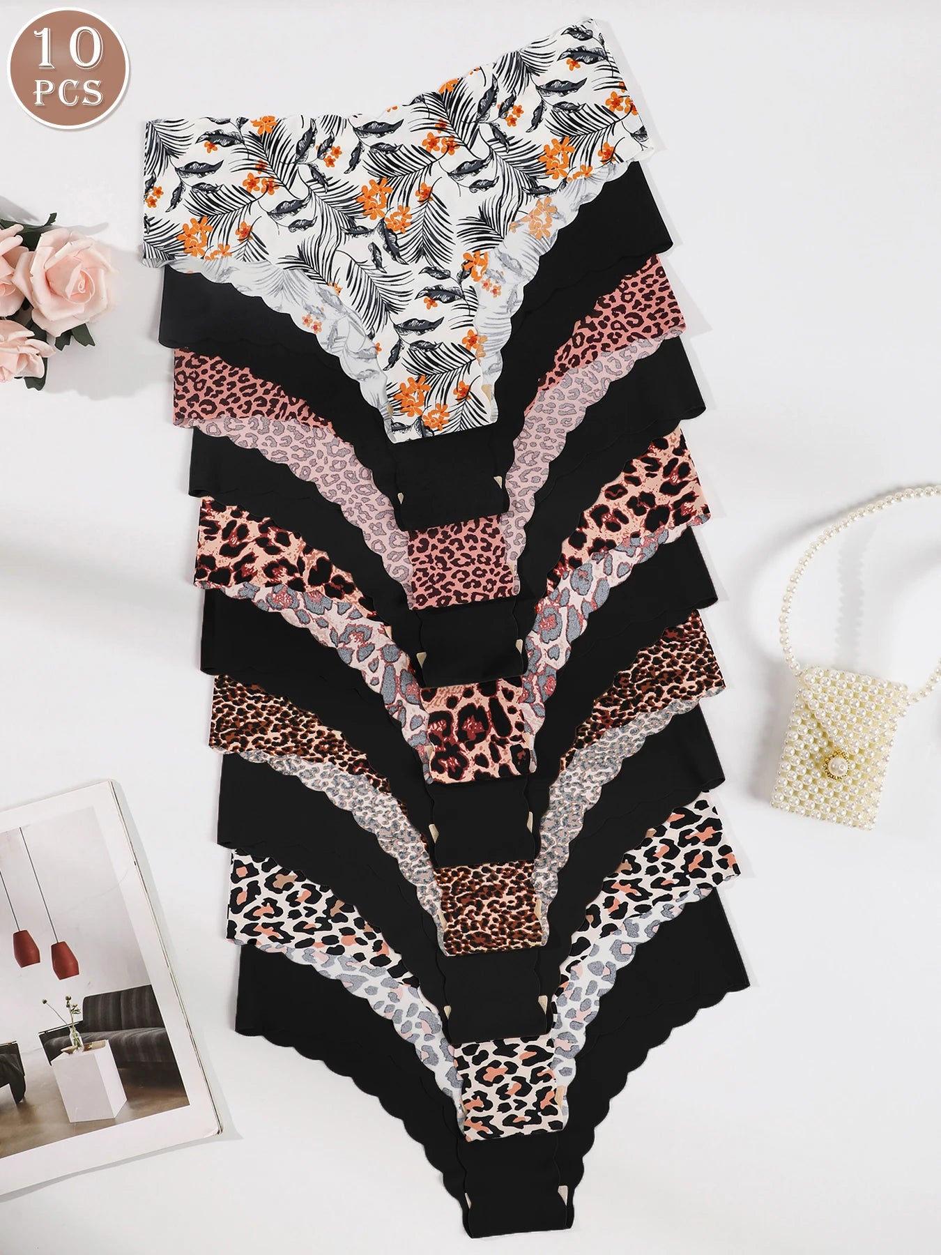 10pcs Women Seamless Wavy Edge Breathable Comfortable Soft Fabric Sexy Triangle Panties