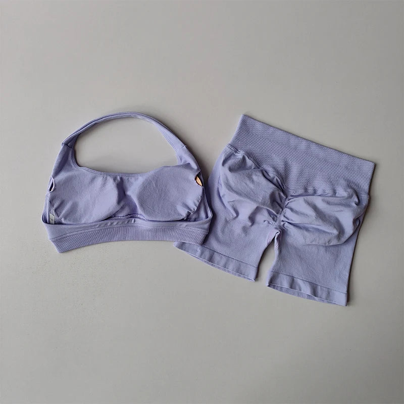 Sexy Halter Neck Beautiful Back High Waist Peach Sports Bras Shorts Suit Pilates Gathering Yoga Vest Training Fitness Bra Sets