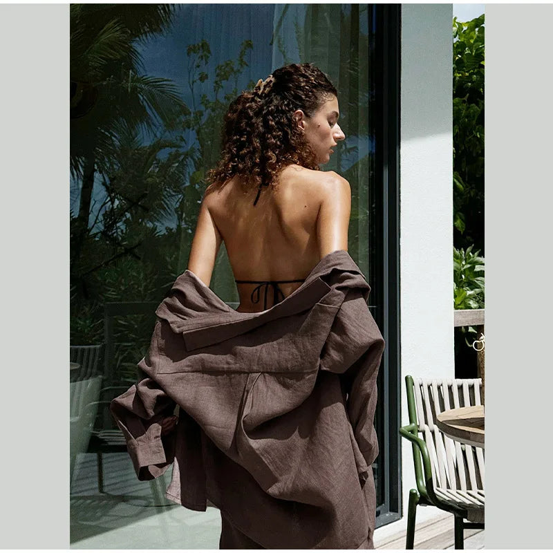 Women Casual Brown Cotton Linen Shirt Pants Suit Fashion Single Breasted Blouses Elastic Waist Pant Set 2025 Spring Loose Outfit